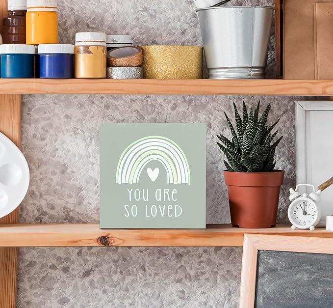 SRADMO You Are So Loved Rainbow Heart Wood Box Sign Desk Decor, Green Kids Inspirational Quotes Wooden Block Box Sign Decoration for Kids Room Nursery Playroom Shelf Table Decorative Accessories