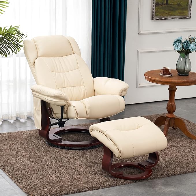 MCombo Swivel Recliners with Ottoman, Vibration Massage TV Chairs with Side Pocket, Faux Leather Ergonomic Lounge Chair for Living Room Bedroom 4734 (Cream White)