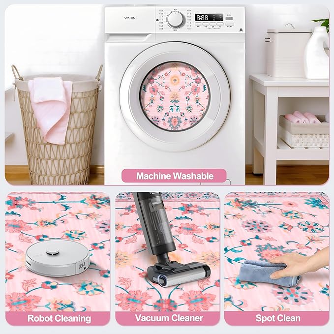 Tangsoo 4x6 Washable Area Rug, Non Slip Pink Floral Rug for Bedroom Girls Nursery Bedside, Soft Low Pile Floor Carpet Indoor Mat Cute Home Decor for Office Classroom Reading Corner Baby Teen Room
