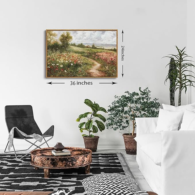 OIQArtOIQ Vintage Landscape Framed Wall Art Summer Countryside Wildflower Field Path Canvas Art Prints Farmhouse Cottagecore Pictures Wall Decor Rustic Meadow Paintings Artwork For Kitchen Bedroom