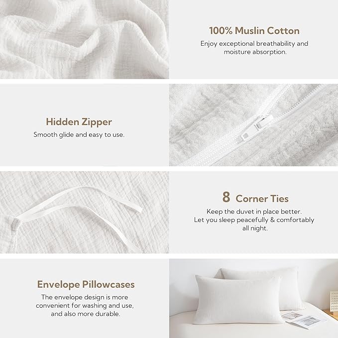 MILDLY Muslin Duvet Cover Queen - 100% Washed Cotton Linen Like Gauze Comforter Cover 3 Pieces Breathable & Lightweight for All Season