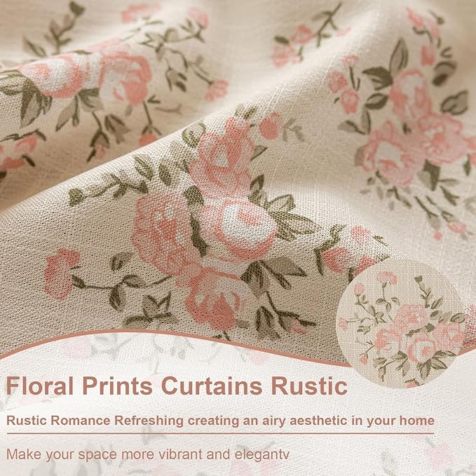 OYX Pink Boho Floral Curtains 63 Inch Long 2panels, French Vintage Farmhouse Patterned Decor Window Drapes with Tassels, Girls Semi-Sheer Light Filtering for Bedroom Living Room (Rod Pocket, 52wx84l)
