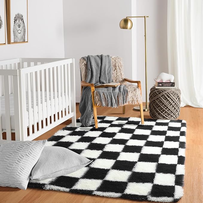 KICMOR Black and White 3x5 Rugs for Bedroom Bedside, Fluffy Soft Checkered Shag Area Rug Fuzzy Shaggy Small Living Room Carpet, Plush Throw Rug for Kids Boys Girls Dorm Nursery Home Decor Aesthetic