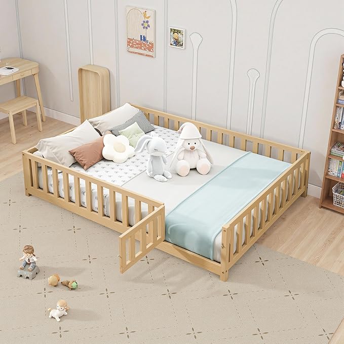 Full Size Floor Platform Bed with Fence and Lockable Door, Wood Montessori Bed Frame with Slat Support for Kids,Girls,Boys, Easy to Assemble,Natural