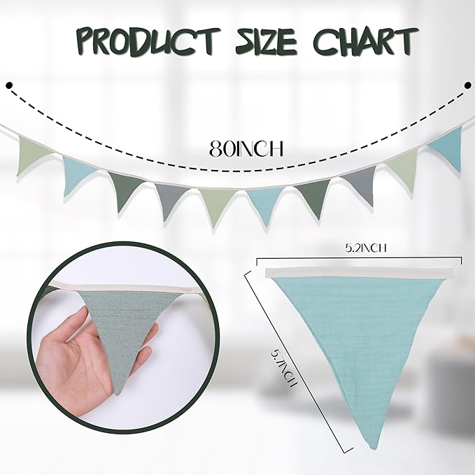 Pennant Banner Flags,Infant and toddler room decoration pennant,for Nursery Decor Baby Birthday Boho Wedding Shower Party Event (Blue-green triangular flag banner)