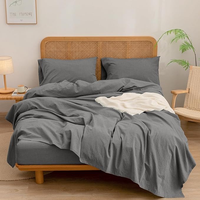 BESTOUCH Sheet Set 100% Washed Cotton Linen Feel Super Soft Comfortable Chic Lightweight 4 Pcs Home Bedding Set Solid Dark Grey King