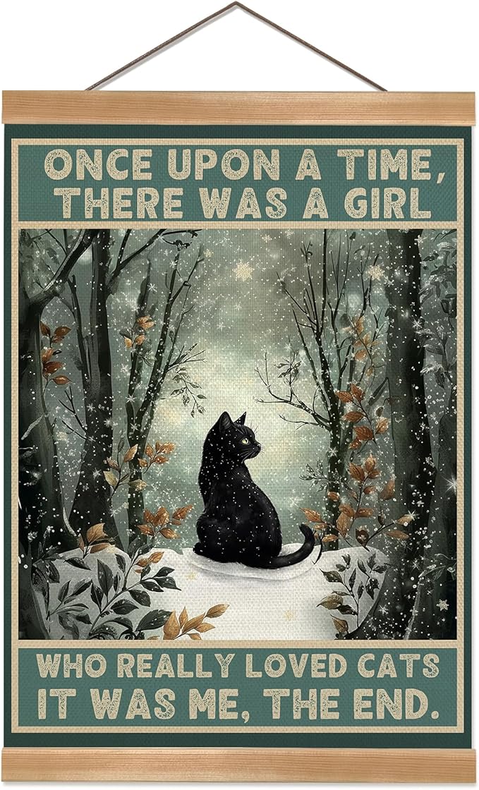 ZTGDA Cat Wall Art,Who Really Loved Cats Wall Decor, Linen Canvas Hanging Poster With Wood Frame,Rustic Woodland Print for Bedroom, Office, or Gift for Cat Moms (Cats)