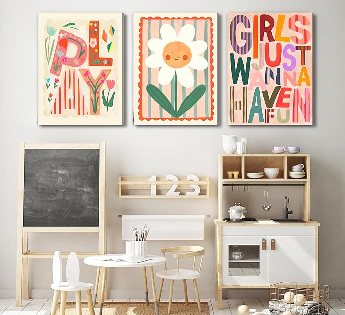 Boho Floral Sun Nursery Wall Art Girls Just Wanna Have Fun Positivity Affirmation Rainbow Print Playroom Classroom Counseling Office wall decor Play Poster for Kids Bedroom, 16x24 Inch, Set of 3