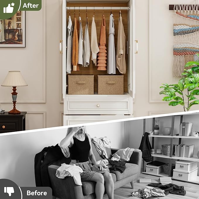 Solid Wood Wardrobe Closet:TemkTuek 70.87" Armoire,Clothing Storage Cabinet with Drawers,Doors,Hanging Railsand Shelves,Vintage Freestanding,Bedroom,White(19)