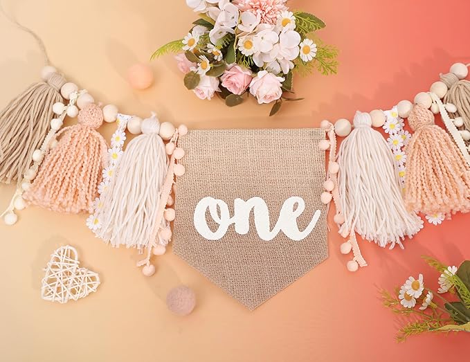 Yarn Tassel One High Chair Banner -Daisy Baby First Birthday Decorations,Cake Smash Shabby Chic Banner Photo Props,Vintage 1st Birthday Highchair Bunting,Holiday Home Wall Hanging Decorations.