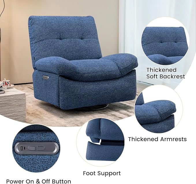 Nouhaus Swivel Rocking Chair Nursery, Oversized Glider Rocker Recliner Chairs w/Footrest, USB & Type-C Ports, Rocking Recliner Chair for Nursery, Living Room (Snooze Classic, Midnight Blue)