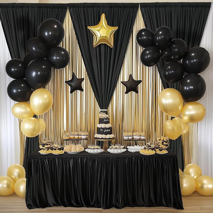 40×14ft Wrinkle Free Black Backdrop Curtain for Wedding Parties,8 Panels 5×14ft Height Soft Silky Polyester Photo Backdrop Drapes for Birthday Graduation Photography Stage Event Background Cloth