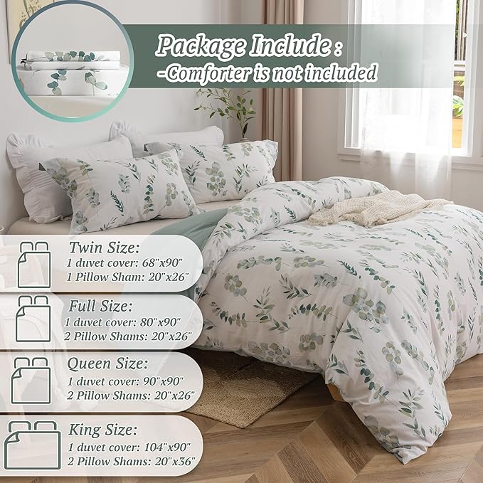 MILDLY Duvet Cover Full Size - 100% Washed Cotton Sage Green Eucalyptus Reversible Floral Duvet Cover Set 3 Pieces with Zipper Closure Corner Ties