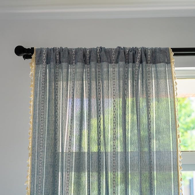 Deeprove Blue Boho Curtains 90 Inches Long Linen Textured for Living Room Light Farmhouse Bohemian Sheer Hollow Striped Chic Drape Window Treatment for Bedroom 1 Panel W52 x L90