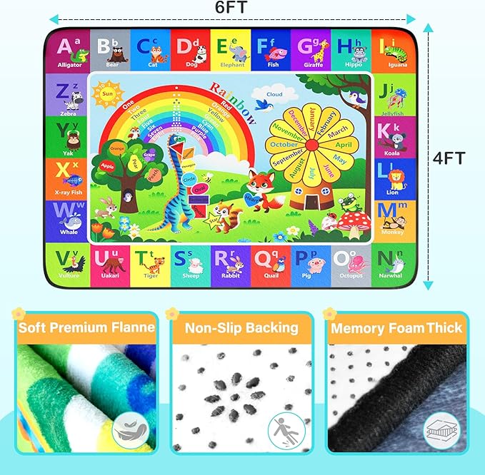 ABC Rug, Toddler Play Mat Rug 4x6 Feet, Extra Thick (0.4in) Washable Baby Play Mat for Floor, Classroom Carpet Non-Slip for Learning, Alphabet, Nursery Mat for Crawling & Fun & Playroom Decor