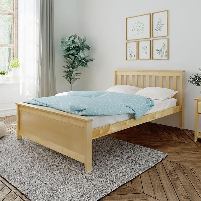 Max & Lily Full Size Bed Frame with Slatted Headboard, Solid Wood Platform Bed for Kids, No Box Spring Needed, Easy Assembly, Natural