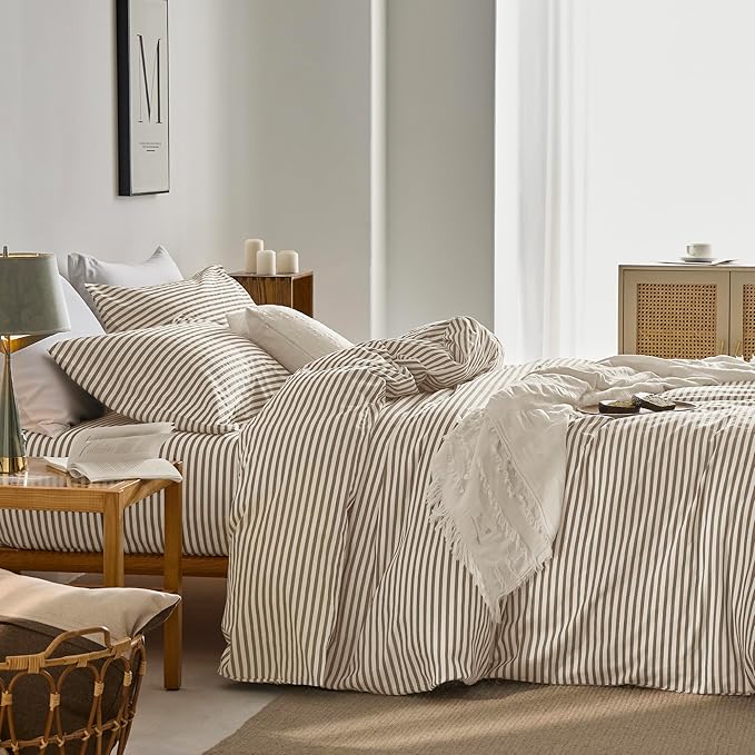 JELLYMONI 100% Natural Cotton 3pcs Striped Duvet Cover Sets,White Duvet Cover with Khaki Stripes Pattern Printed Comforter Cover,with Zipper Closure & Corner Ties(Queen Size)