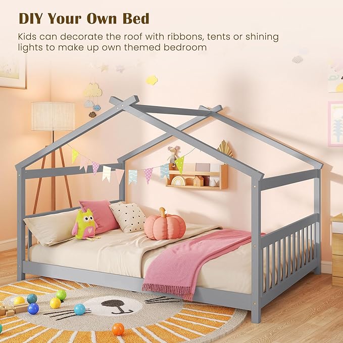Giantex Full Size Floor Bed, Solid Wood Montessori House Bed with Roof, Headboard and Footboard, Low Full Bed Frame for Kids Teens Girls Boys, No Box Spring Needed, Grey