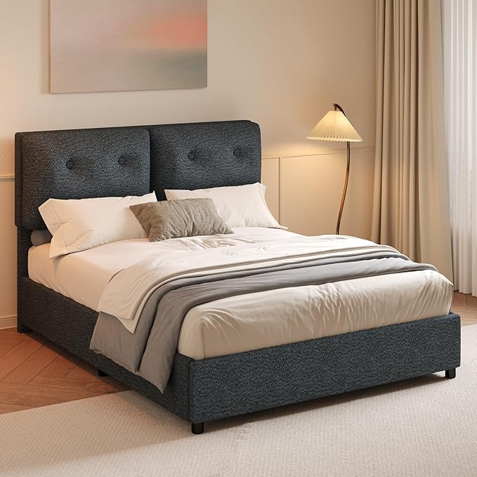 Queen Bed Frame with Headboard, Cloud Boucle Upholstered Bed Frame, Modern Soft Style, Adjustable Headboard, No Box Spring Needed, Easy Assembly, Dark Grey