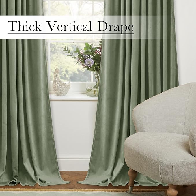 StangH Sage Green Velvet Curtains 94 inches Long Back Tab Soft Thermal Insulated Room Darkening Window Drapes Spring Home Decor for Bedroom Living Room, W52 x L94, 2 Panels