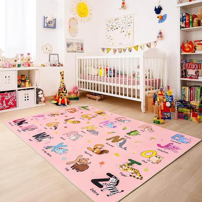 Kids Rugs for Playroom, 4x5 Feet Educational Rug for Learn The ABC Alphabet, Soft Machine Washable Non-Slip Cute Cartoon Animals Carpet for Classroom Toddler Nursery Kids Room Decor, Pink