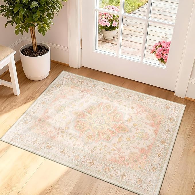 Machine Washable Rugs Nursery Rug 2x3 Cute Girl Non Slip Low Pile Water Repellent Soft Print Pattern for Bedroom Indoor Decor Kids Playroom Pinkgreen