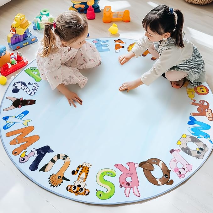 Kids Rugs for Playroom, 4'x4' Round Educational Rug for Learn The ABC Alphabet, Soft Machine Washable Non-Slip Cute Animal Carpet for Classroom Toddler Nursery Kids Room Decor Mat, Blue