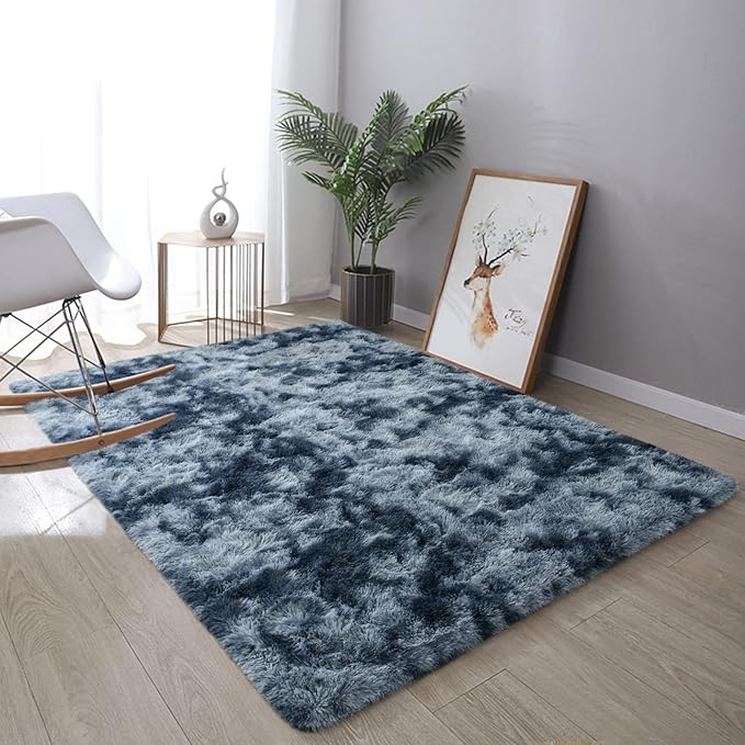DweIke Fluffy Blue Grey Rugs for Bedroom Living Room, 8x10 Large Soft Plush Shaggy Tie-Dyed Navy Blue Gray Girls Boys Kids Rug, Upgraded Non-Slip and Machine Washable Carpet for Dorm Nursery Decor
