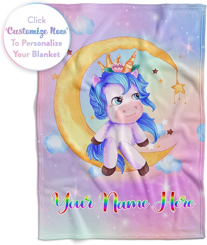 Personalized Unicorn Blanket for Girls | Kids Rainbow Unicorn | Custom Plush Fuzzy Unicorns for Toddler | Customized Little Girl Throw Blankets | Girl Sofa Bed Birthday | Fleece 50x60