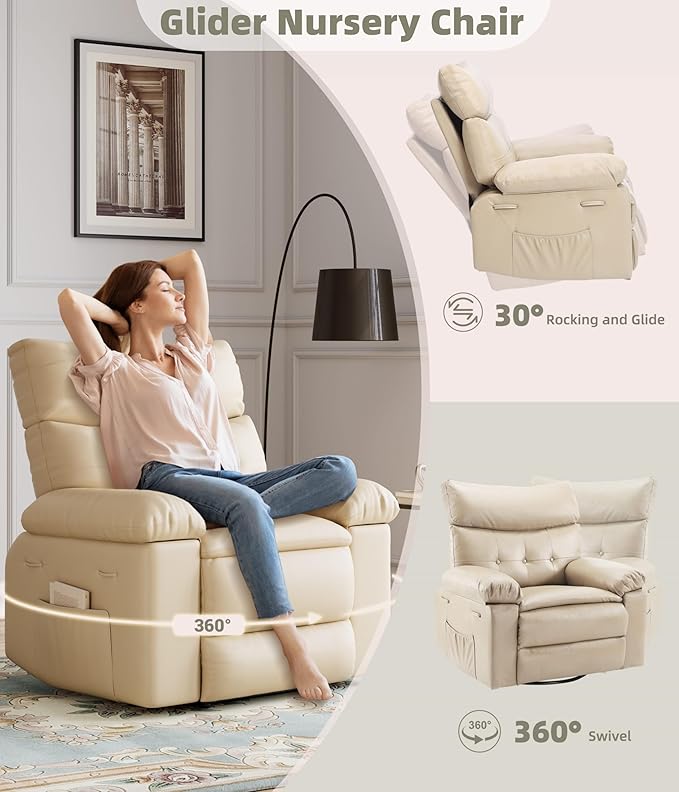 GarveeHome Oversized Rocker Swivel Recliner Chair - PU Leather Extra Wide Manual Recliner for Adults, Large Lazy Chair with 1.5X Sponge Comfort Arm and Back for Living Room, Bedroom