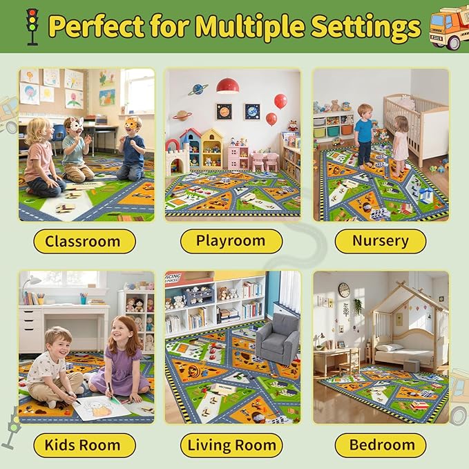 STARUIA Car Rug Play Mat, Non-Slip City Road Map Kids Rugs for Playroom Bedroom Boys Car Mat for Kid Toy Cars, Educational Baby Children Play Rug for Learn and Have Fun, 36"x59"