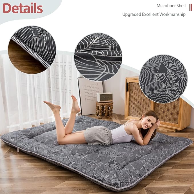 MAXYOYO Japanese Floor/Futon Mattress Thicken Sleeping Pad Roll Up Mattress Floor Lounger Bed Camping Mattress Guest Room Mattress Pad, Thick Soft and Comfortable, Black Leaf, Twin Size