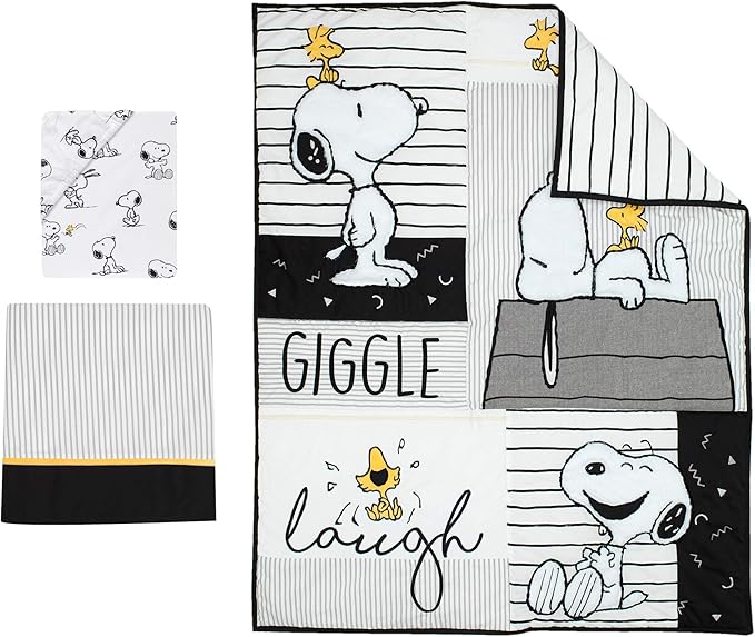 Lambs & Ivy Classic Snoopy White/Black/Gray 3-Piece Baby Crib Bedding Set