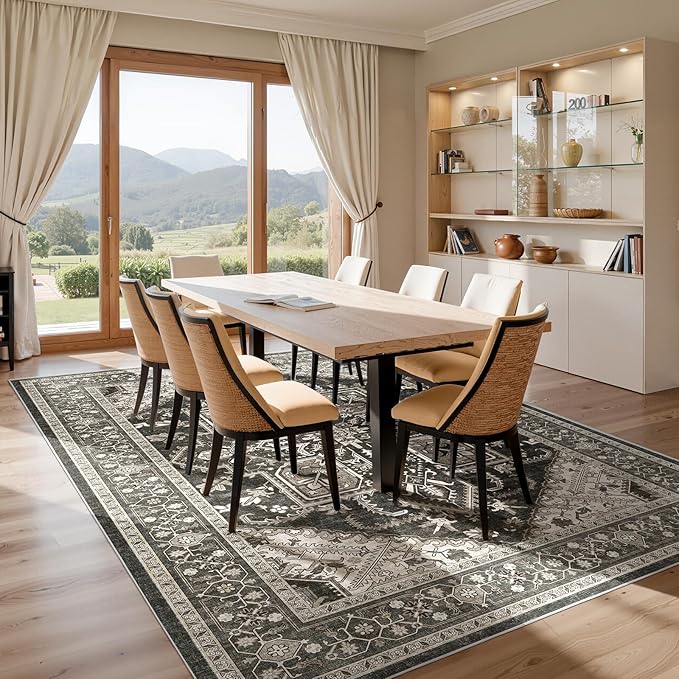 WITSHOCK Black 10x12 Large Living Room Rugs: Washable Modern Vintage Boho Soft Low Pile Stain Resistant Foldable Carpet for Bedroom Playroom Dining Room Office, Distressed Farmhouse Floral Home Decor