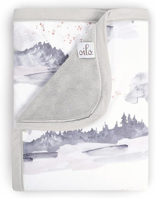 Oilo Baby Blanket, Luxury Soft Plush Chenille Backing & Turkish Cotton Jersey Print, Double Layered, 30" x 40", Rolled Jersey Edge Trim, Machine Wash, Perfect for Infant or Toddlers, Misty Mountain