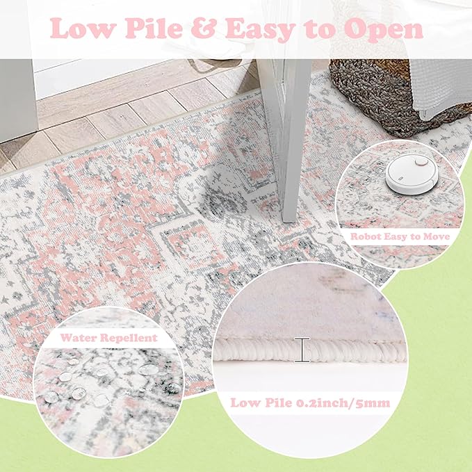 Large Washable Area Rug 6x9 Gray and Pink Non Slip Vintage Rugs for Living Room, Boho Accent Rug Soft Printed Floor Carpet for Nursery Dining Room