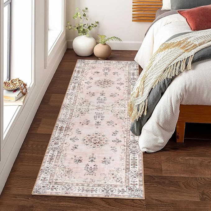 Lahome Washable 2x6 Kitchen Runner Rugs, Retro Distressed Pink Floral Print Runner for Hallway Bathroom Entryway, Low Pile Non-Slip Water Repellent Stain Resistant Mat for Floor Protection