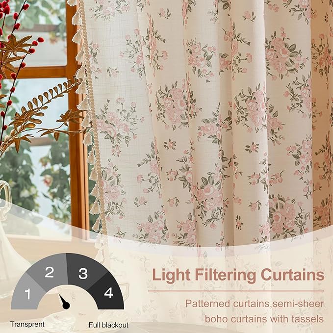 OYX Pink Boho Floral Curtains 63 Inch Long 2panels, French Vintage Farmhouse Patterned Decor Window Drapes with Tassels, Girls Semi-Sheer Light Filtering for Bedroom Living Room (Rod Pocket, 52wx84l)