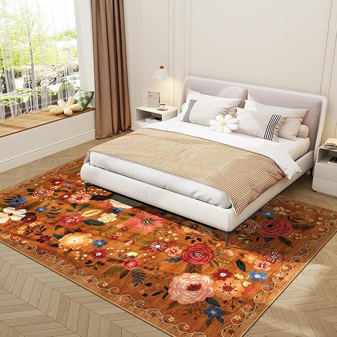 6x9 Washable Area Rug for Living Room, Floral Non-Slip Non-Shedding & Easy Care, Soft Low Pile Vintage Indoor Floor Carpet for Living Room, Bedroom, Farmhouse, Dining Room, Kids Playroom, Orange