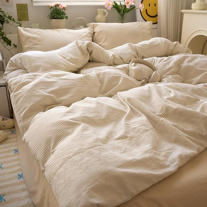 LifeTB Tan Gingham Duvet Cover Full Size 3 Pieces Romantic Lace Duvet Cover Vintage Plaid Checkered Comforter Cover with 2 Pillowcases Soft Microfiber Beige Tan Grid Farmhouse Plaid Bedding Set