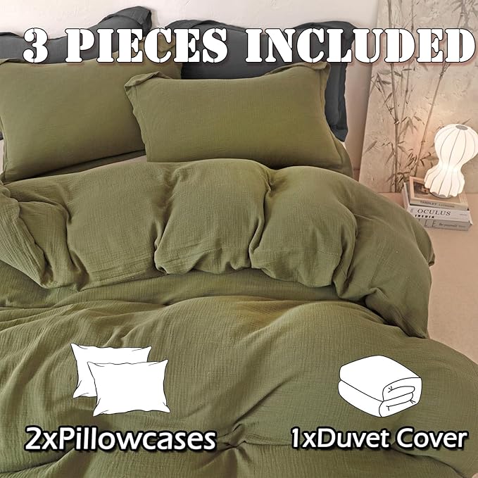 MorroMorn Muslin Duvet Cover California King Size, 100% Cotton Comforter Cover Set, Ultra Soft 3 Pieces 2-Layer Gauze Duvet Cover with 2 Pillowcases, Breathable Linen Like, 98"x104", Olive Green
