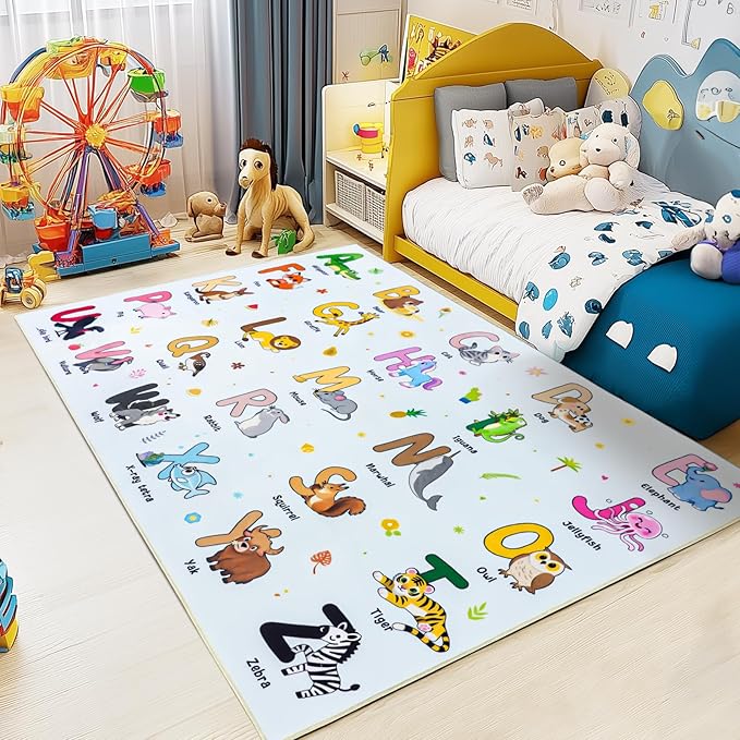 Kids Rugs for Playroom, 5x7 Feet Educational Rug for Learn The ABC Alphabet, Soft Machine Washable Non-Slip Cute Cartoon Animals Carpet for Classroom Toddler Nursery Kids Room Decor, Blue