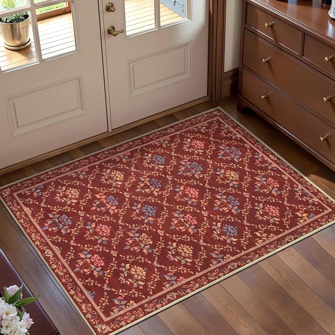 Tangsoo 2x3 Small Washable Entry Rug,Non Slip Moroccan Trellis Red Floral Throw Area Rugs for Entryway,Front Door Mats Indoor Entrance Carpet for Kitchen Office Laundry, Soft Kids & Pets Friendly