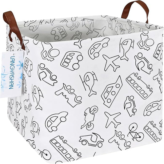 LANGYASHAN Square Storage Baskets Waterproof Canvas Children Laundry Nursery Hamper for Shelves Gift Baskets Toy Organizer Room Decor(Vehicle)