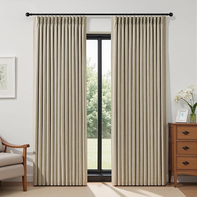 IVAPUPU Sand Pinch Pleated Full Blackout Linen Curtains for Bedroom, Black Out Curtains 95 Inches Long for Living Room Darkening Thermal Insulated Neutral Pleat Drapes with 16 Hooks, 2 Panels