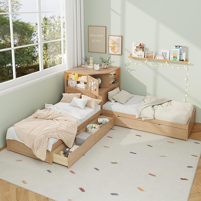 Harper & Bright Designs L-Shaped Corner Bed with Trundle, Wooden Double Twin Bed Frame for Kids, 3-in-1 Low Platform Bed with Built-in Nightstand and LED Light