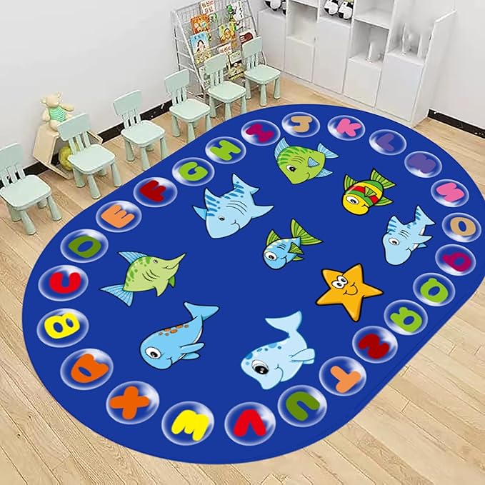 Alphabet ABC Kids Rug 5x6ft - Non-Slip Washable Cartoon Animal Ocean Carpet for Playroom, Preschool & Nursery - Educational Floor Mat for Toddlers Boys Girls