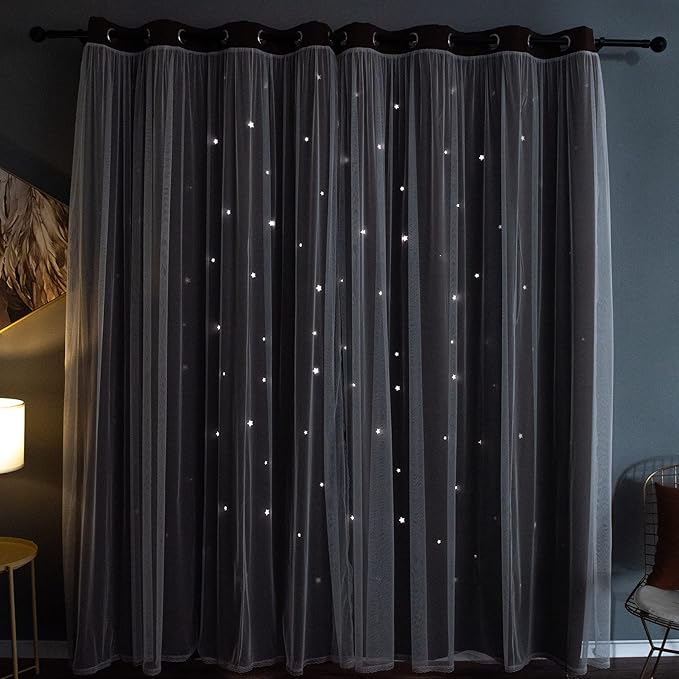 Kinryb Star Cutout Blackout 95 Inches Curtains Double Layer with Sheer Overly Curtains for Bedroom Thermal Insulated Window Treatment Set with 2 Free Tiebacks (52W x 95L 2 Panels Chocolate)