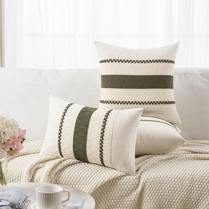 Fancy Homi Set of 2 Boho Olive Green Lumbar Decorative Throw Pillow Cover 12x20 Inch for Couch Bed Sofa Chair, Modern Organic Farmhouse Home Decor, Soft Cotton Cute Accent Rectangle Cushion Case