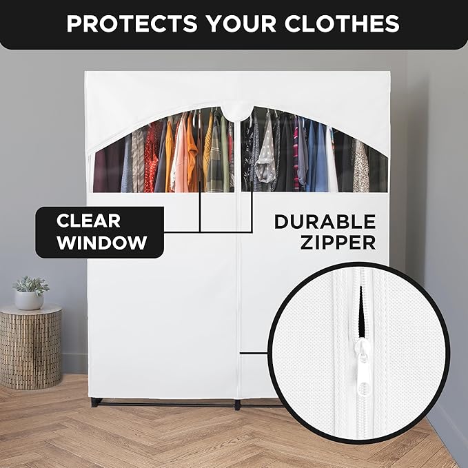HOLDN’ STORAGE Portable Wardrobe Closet - 65 lb Large Capacity, Internal Heavy Duty Metal Rod, Zipper & Clear Window, Durable Clothes Organizer, Tool-Free Easy Assembly, White Canvas Cover